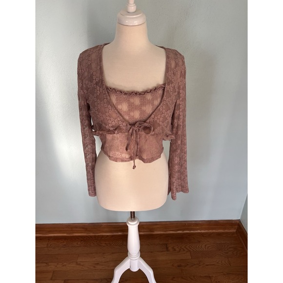 LA Hearts Trim Tie Front Cami‎ & Cardigan Two-Piece Set Sz M Sheer Lace Babydoll - Picture 1 of 8